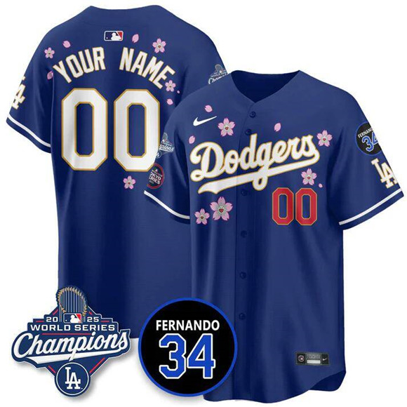 Men's Los Angeles Dodgers ACTIVE PLAYER Custom Royal Tokyo 2025 World Series Champions With No. 34 Patch Vapor Limited Stitched Baseball Jersey Men's Los Angeles Dodgers ACTIVE PLAYER Custom Royal Tokyo 2025 World Series Champions With No. 34 Patch Vapor Limited Stitched Baseball Jersey
